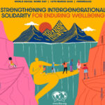 A poster for World Social Work Day 2025 showing a yellow figure bridging the gap between two mountains, alongside the words 'strengthening intergenerational solidarity for enduring wellbeing'