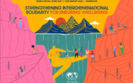 A poster for World Social Work Day 2025 showing a yellow figure bridging the gap between two mountains, alongside the words 'strengthening intergenerational solidarity for enduring wellbeing'