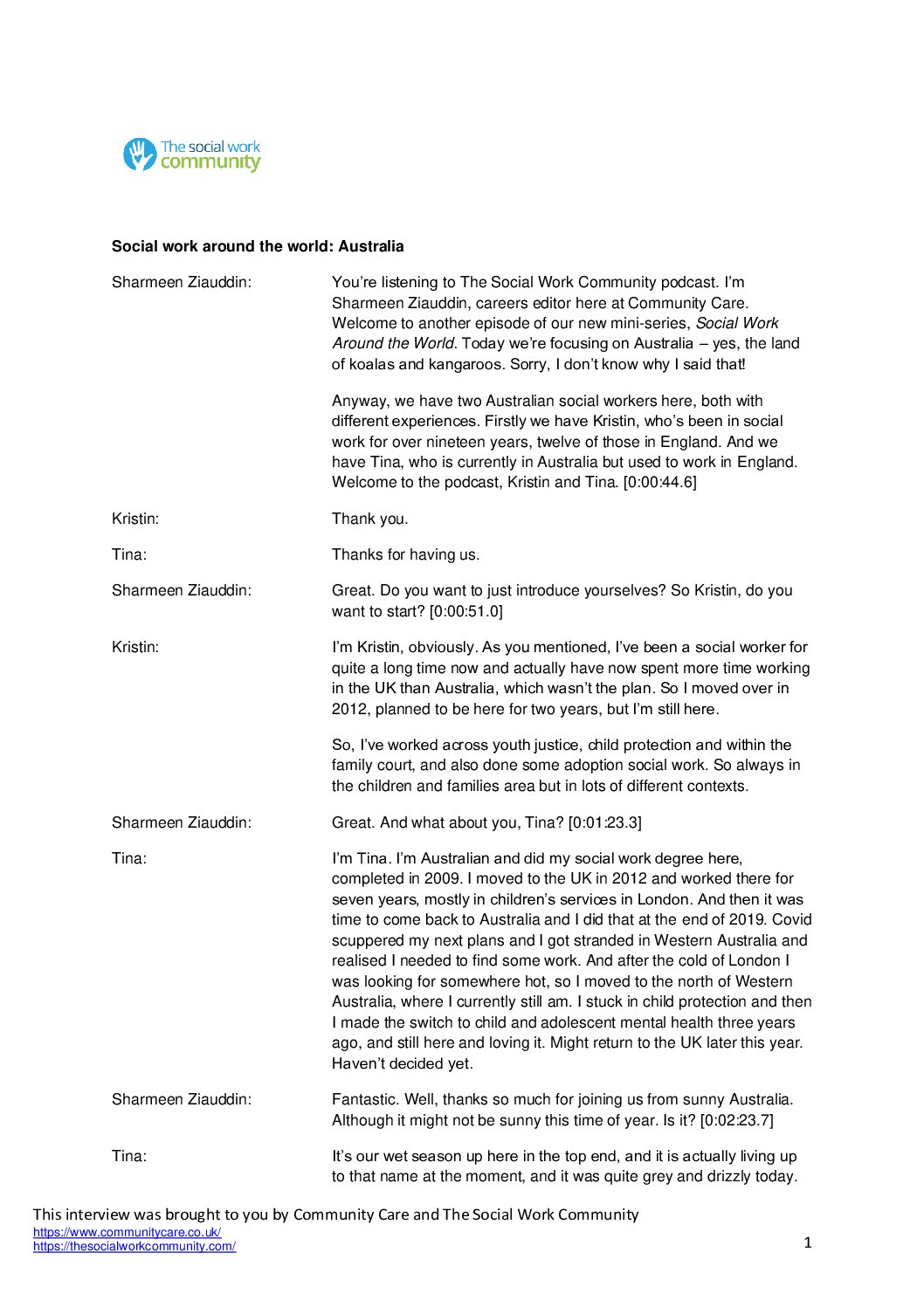 Social Work Community Australia transcript - Community Care