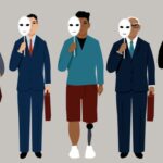 Diverse job applicants hiding behind neutral masks representing reducing bias in hiring process, EPS 8 vector illustration