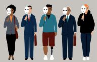 Diverse job applicants hiding behind neutral masks representing reducing bias in hiring process, EPS 8 vector illustration