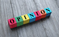 The word 'opinion' spelt out in coloured blocks