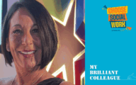 A blue strip with the words 'my brilliant colleague' written on them and a photo of principal social worker Michelle Horlock